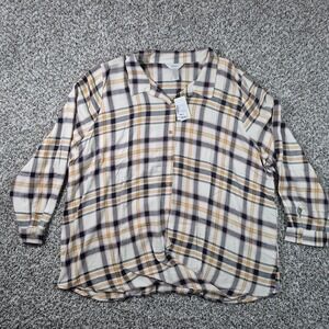 CJ Banks Women's Button Front Shirt Infinity 3X Plaid Long‎ Sleeve Blouse